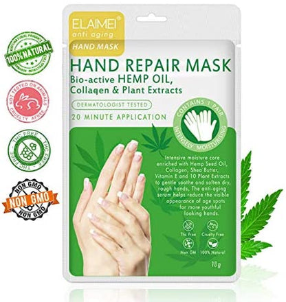 Elaimei Moisturising Hand Repair Mask with Bio-Active Hemp Oil , Rich Multi-Vitamin Blend, Serum, Collagen and Shea Butter