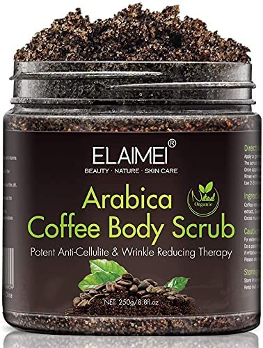 Elaimei Natural Coffee Scrub with Organic Coffee Body Scrub, Best Acne, Anti Cellulite and Stretch Mark treatment, Spider Vein Therapy for Varicose Veins & Eczema