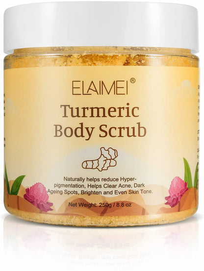 Elaimei Turmeric Body Scrub with Dead Sea Salt Moisturizing Nourishing Skin Anti-Aging Skin Exfoliating Detox for Reducing Pores, Clearing Acne, Smoothing, and Soothing Skin