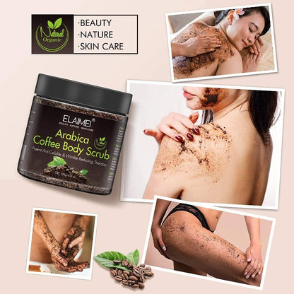 Elaimei Natural Coffee Scrub with Organic Coffee Body Scrub, Best Acne, Anti Cellulite and Stretch Mark treatment, Spider Vein Therapy for Varicose Veins & Eczema