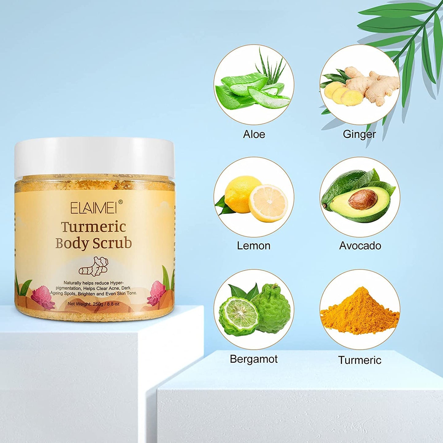 Elaimei Turmeric Body Scrub with Dead Sea Salt Moisturizing Nourishing Skin Anti-Aging Skin Exfoliating Detox for Reducing Pores, Clearing Acne, Smoothing, and Soothing Skin