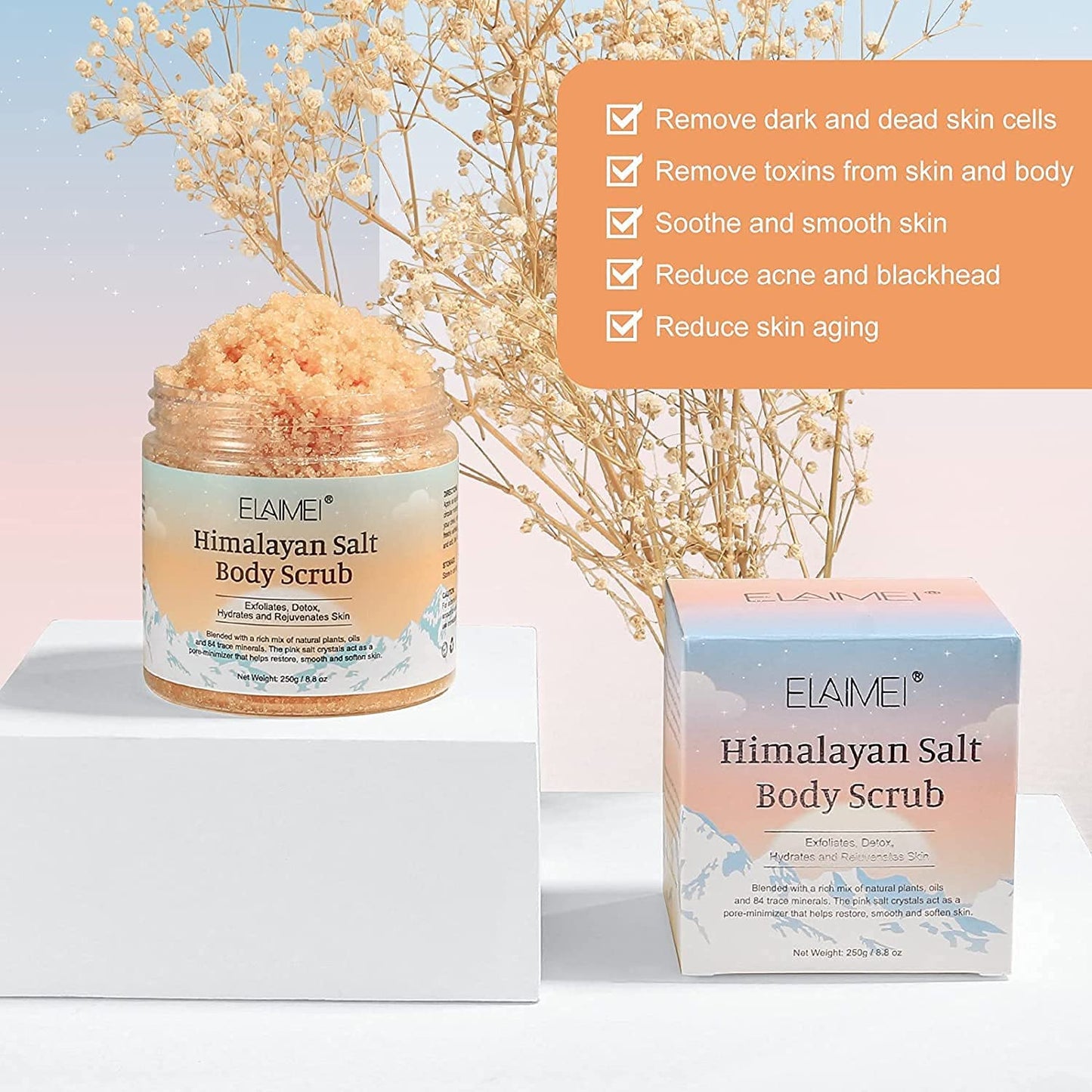 Elaimei Premium Himalayan Salt Body Scrub with Lychee Oil Natural Exfoliating Salt Scrub for Acne, Cellulite, Deep Cleansing, Scars, Wrinkles, Exfoliate and Moisturize Skin