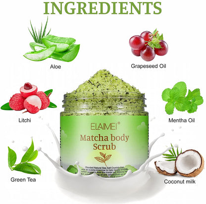 Elaimei Matcha Body Scrub - 100% Natural Green Tea Face Body & Foot Scrub with Dead Sea Salt Exfoliator Moisturizes, Nourishes and Smoother Skin