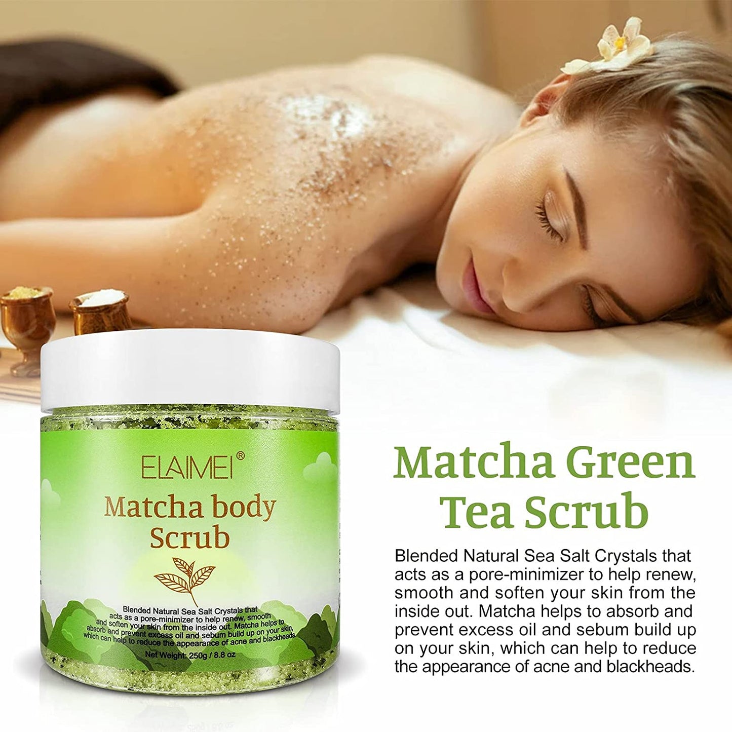 Elaimei Matcha Body Scrub - 100% Natural Green Tea Face Body & Foot Scrub with Dead Sea Salt Exfoliator Moisturizes, Nourishes and Smoother Skin