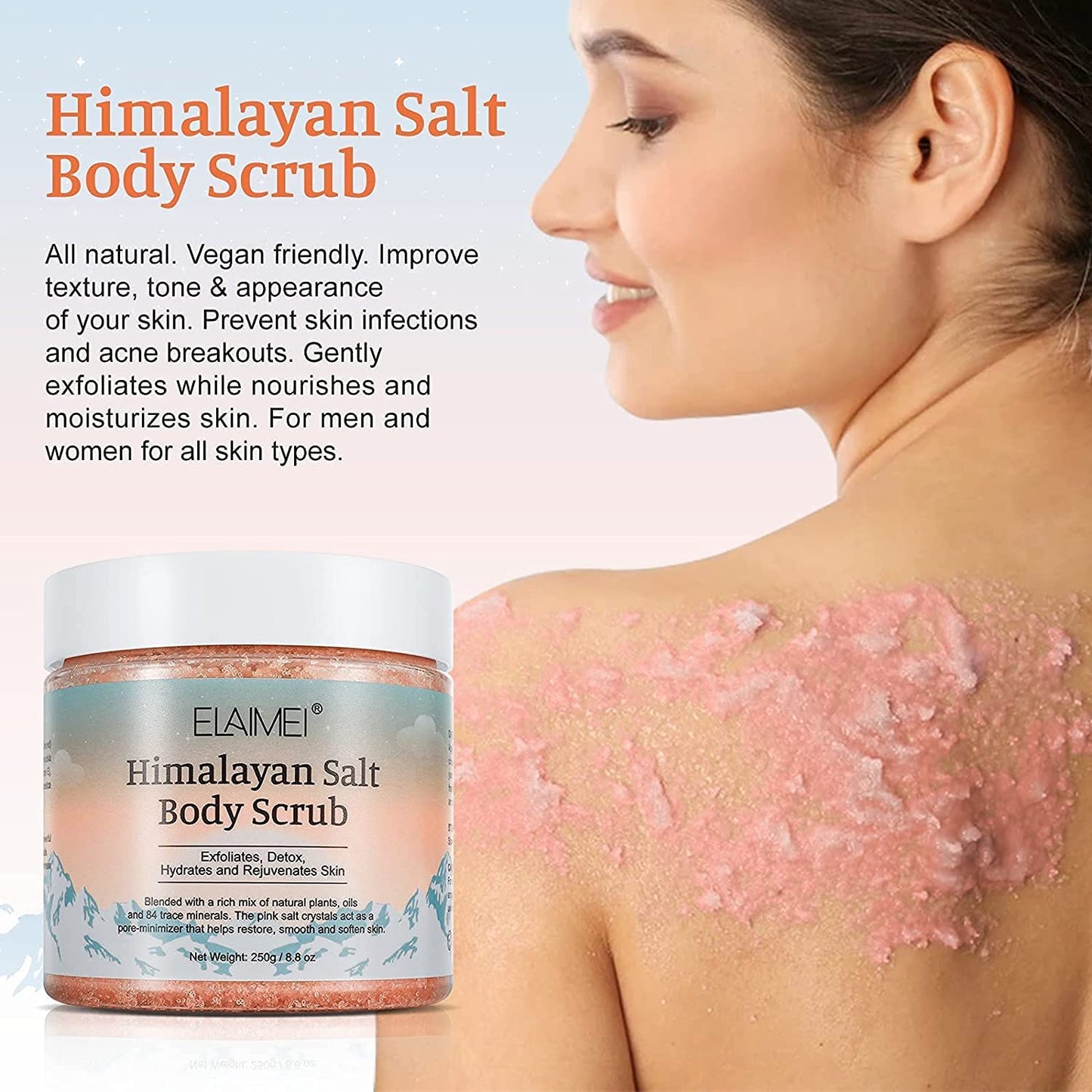 Elaimei Premium Himalayan Salt Body Scrub with Lychee Oil Natural Exfoliating Salt Scrub for Acne, Cellulite, Deep Cleansing, Scars, Wrinkles, Exfoliate and Moisturize Skin