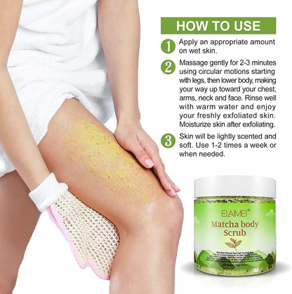 Elaimei Matcha Body Scrub - 100% Natural Green Tea Face Body & Foot Scrub with Dead Sea Salt Exfoliator Moisturizes, Nourishes and Smoother Skin