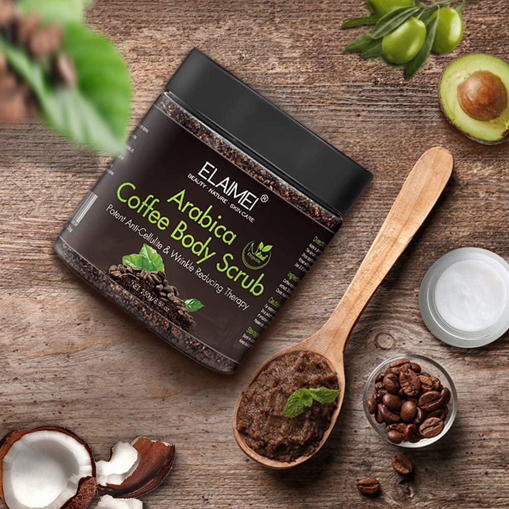 Elaimei Natural Coffee Scrub with Organic Coffee Body Scrub, Best Acne, Anti Cellulite and Stretch Mark treatment, Spider Vein Therapy for Varicose Veins & Eczema