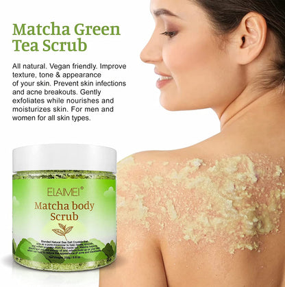 Elaimei Matcha Body Scrub - 100% Natural Green Tea Face Body & Foot Scrub with Dead Sea Salt Exfoliator Moisturizes, Nourishes and Smoother Skin