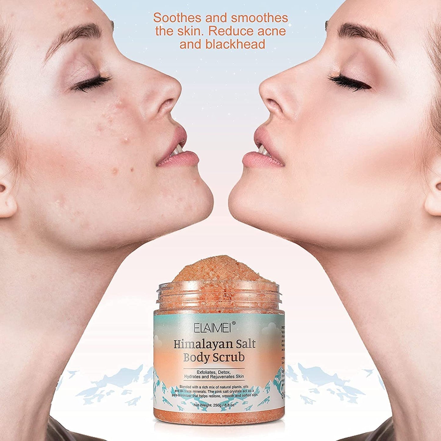 Elaimei Premium Himalayan Salt Body Scrub with Lychee Oil Natural Exfoliating Salt Scrub for Acne, Cellulite, Deep Cleansing, Scars, Wrinkles, Exfoliate and Moisturize Skin