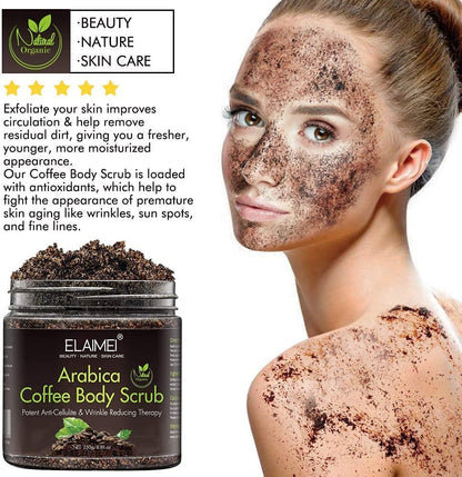 Elaimei Natural Coffee Scrub with Organic Coffee Body Scrub, Best Acne, Anti Cellulite and Stretch Mark treatment, Spider Vein Therapy for Varicose Veins & Eczema