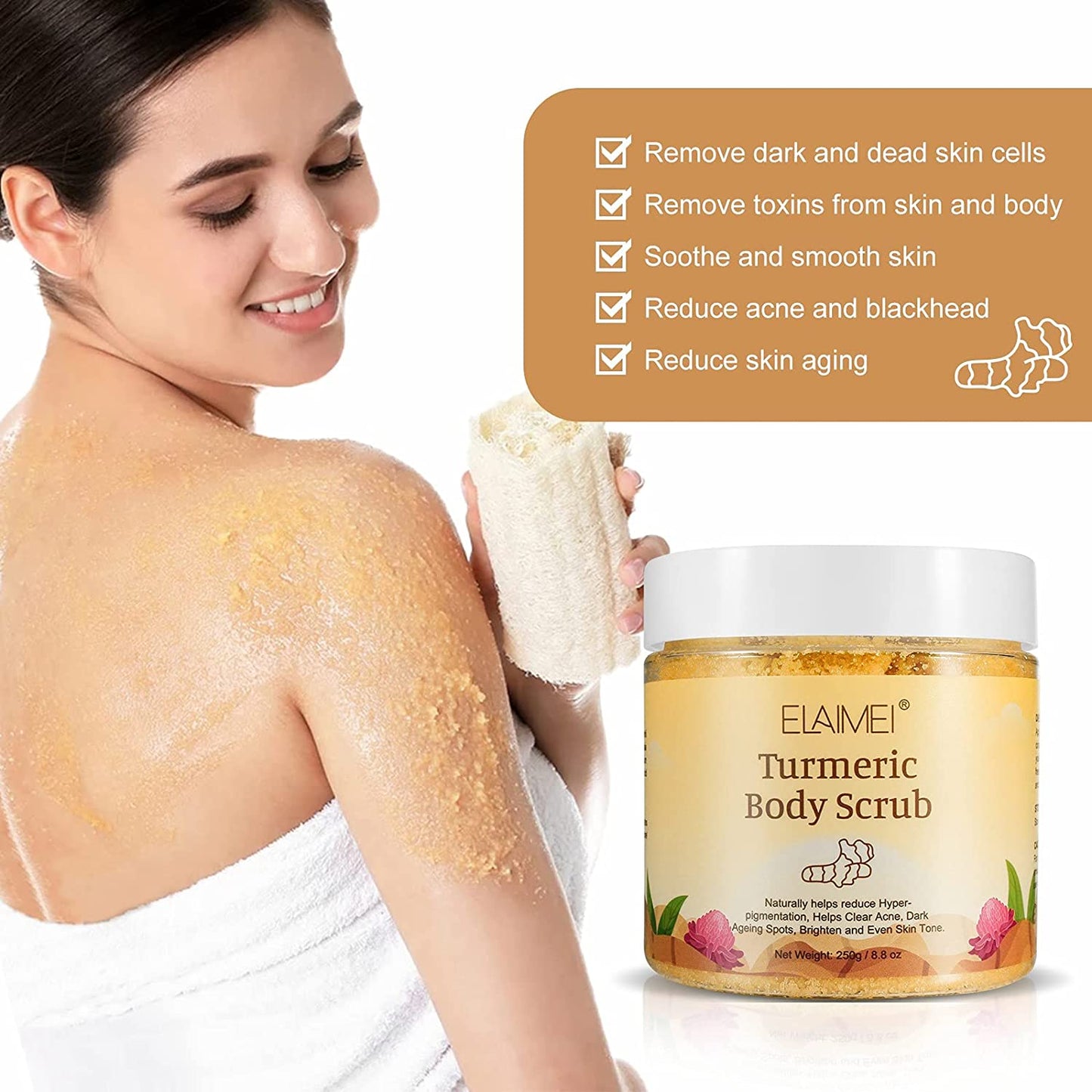 Elaimei Turmeric Body Scrub with Dead Sea Salt Moisturizing Nourishing Skin Anti-Aging Skin Exfoliating Detox for Reducing Pores, Clearing Acne, Smoothing, and Soothing Skin