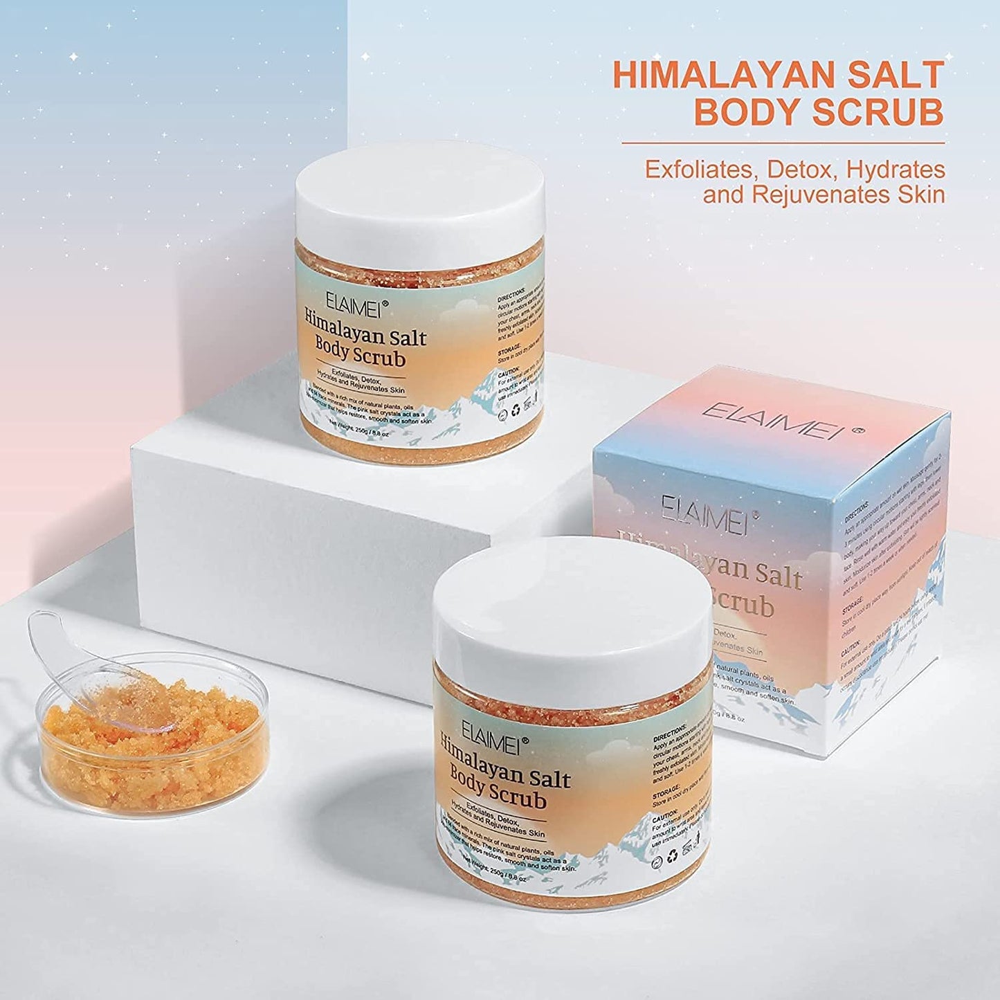 Elaimei Premium Himalayan Salt Body Scrub with Lychee Oil Natural Exfoliating Salt Scrub for Acne, Cellulite, Deep Cleansing, Scars, Wrinkles, Exfoliate and Moisturize Skin