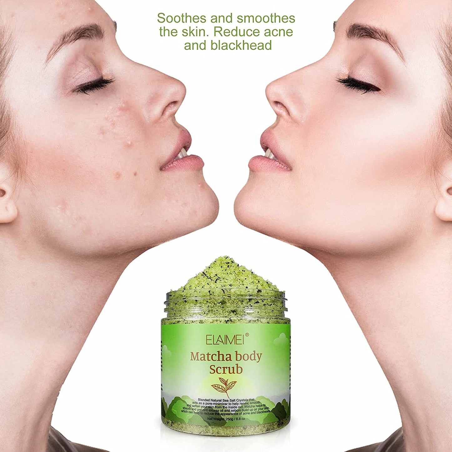 Elaimei Matcha Body Scrub - 100% Natural Green Tea Face Body & Foot Scrub with Dead Sea Salt Exfoliator Moisturizes, Nourishes and Smoother Skin