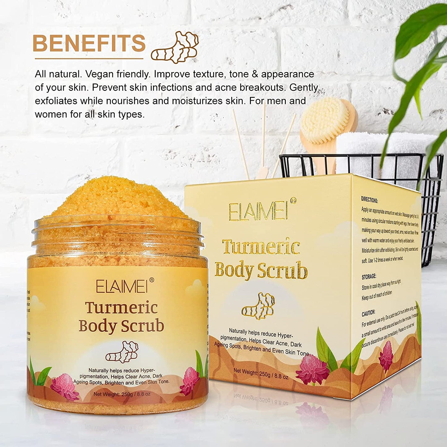 Elaimei Turmeric Body Scrub with Dead Sea Salt Moisturizing Nourishing Skin Anti-Aging Skin Exfoliating Detox for Reducing Pores, Clearing Acne, Smoothing, and Soothing Skin