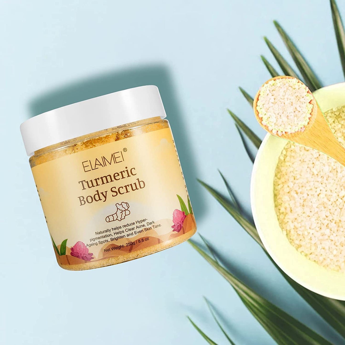 Elaimei Turmeric Body Scrub with Dead Sea Salt Moisturizing Nourishing Skin Anti-Aging Skin Exfoliating Detox for Reducing Pores, Clearing Acne, Smoothing, and Soothing Skin