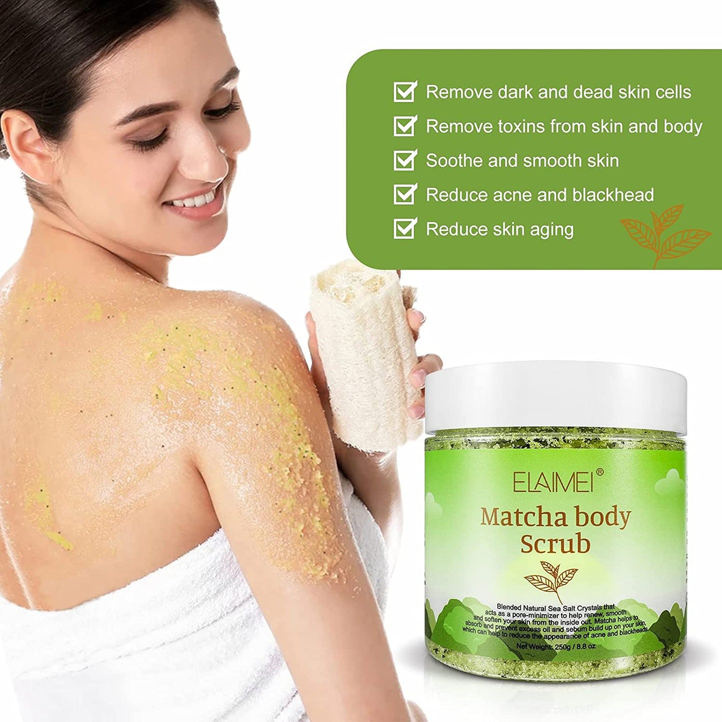 Elaimei Matcha Body Scrub - 100% Natural Green Tea Face Body & Foot Scrub with Dead Sea Salt Exfoliator Moisturizes, Nourishes and Smoother Skin