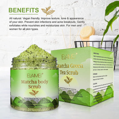 Elaimei Matcha Body Scrub - 100% Natural Green Tea Face Body & Foot Scrub with Dead Sea Salt Exfoliator Moisturizes, Nourishes and Smoother Skin